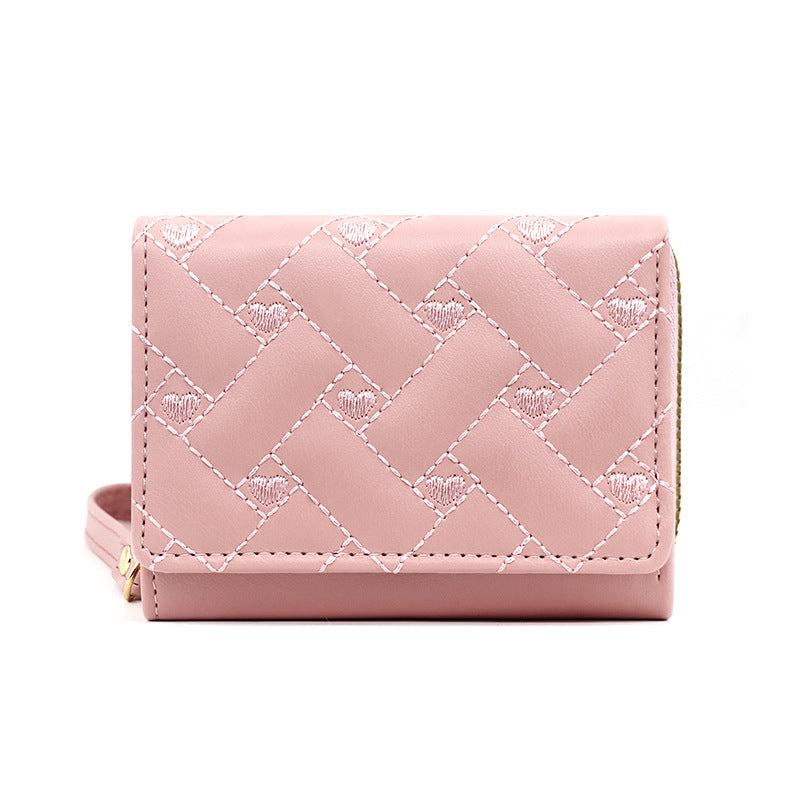 Women's Short Chic Embroidered Love Female Tri Fold Multiple Ladies Wallet