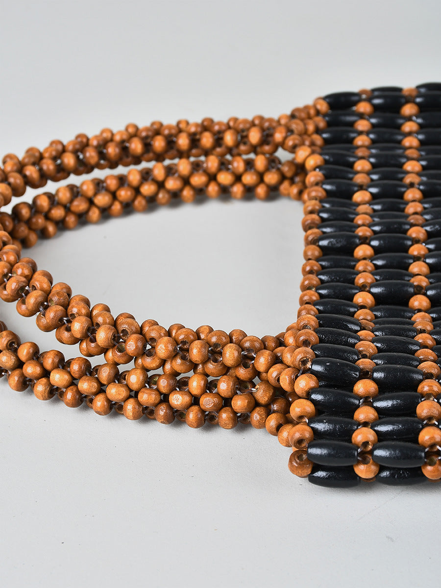 Women's Fashion With Wooden Beads Decoration Hand-woven Handbags