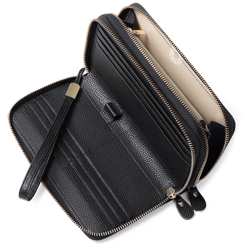 Women's Layer Cowhide Double Zip Clutch Trendy Ladies Wallets
