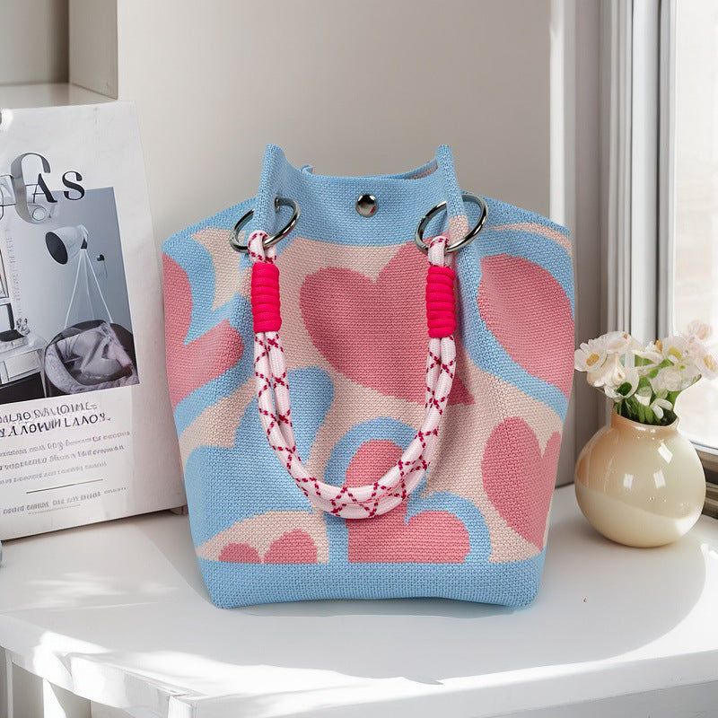 Design Black White Rhombus Knitted Versatile Large Women's Handbag