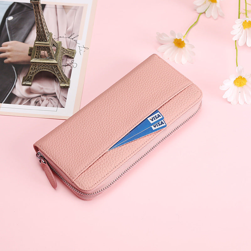 Women's Cowhide Leather Swiping Expanding Multiple Slots Ladies Wallets