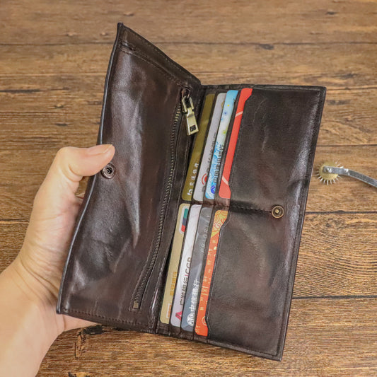 Men's Layer Cowhide Handmade Distressed Pleated Long Men's Wallets