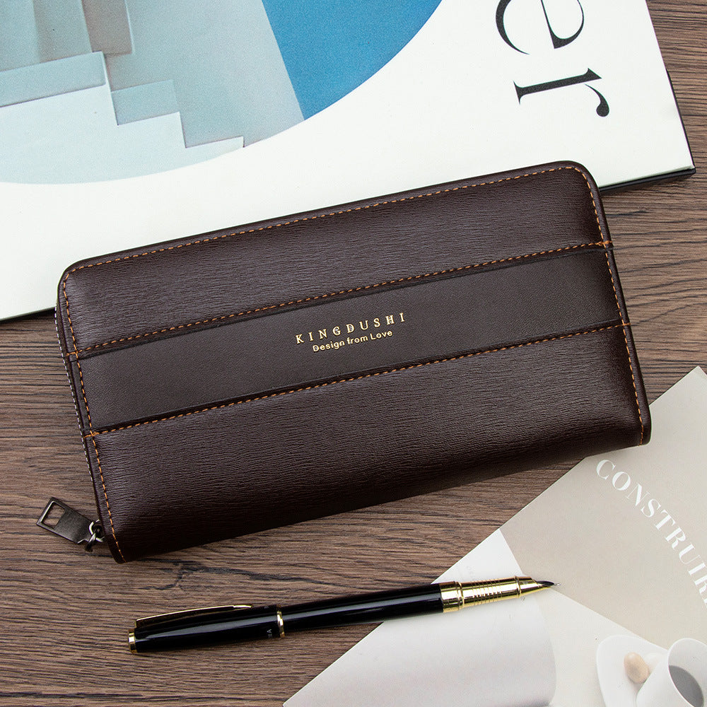 Men's Brushed Leather Pattern Long Clutch Large Capacity Change Wrist Strap Men's Wallet