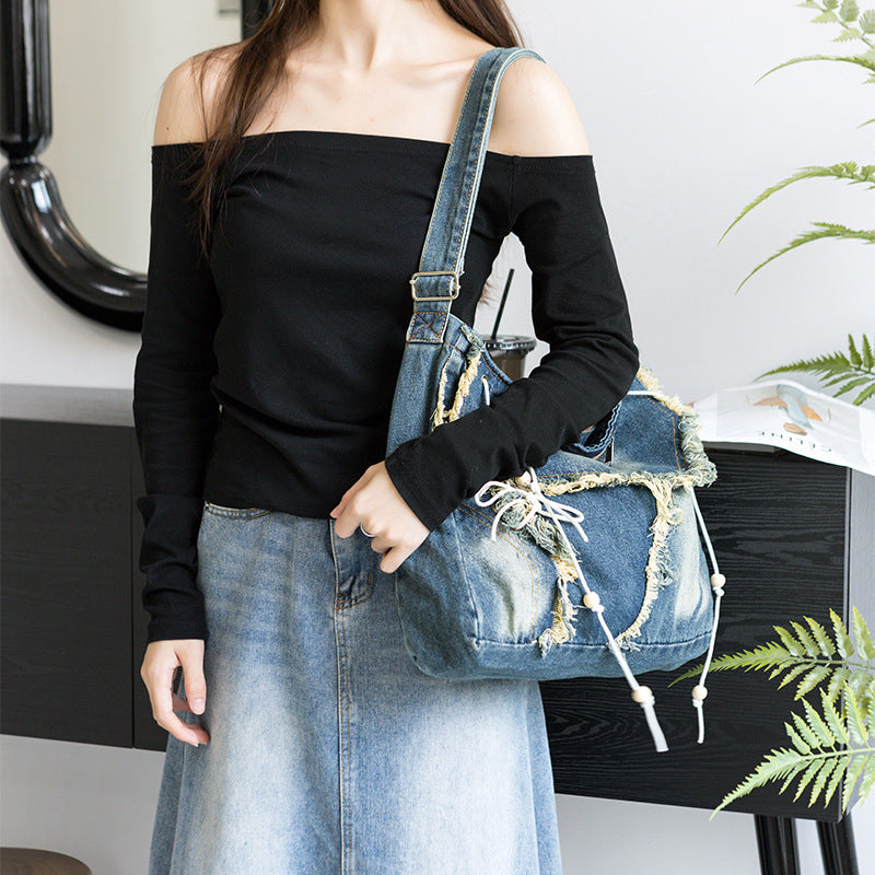 Tassel Canvas Jean Korean Style Large Crossbody Bags