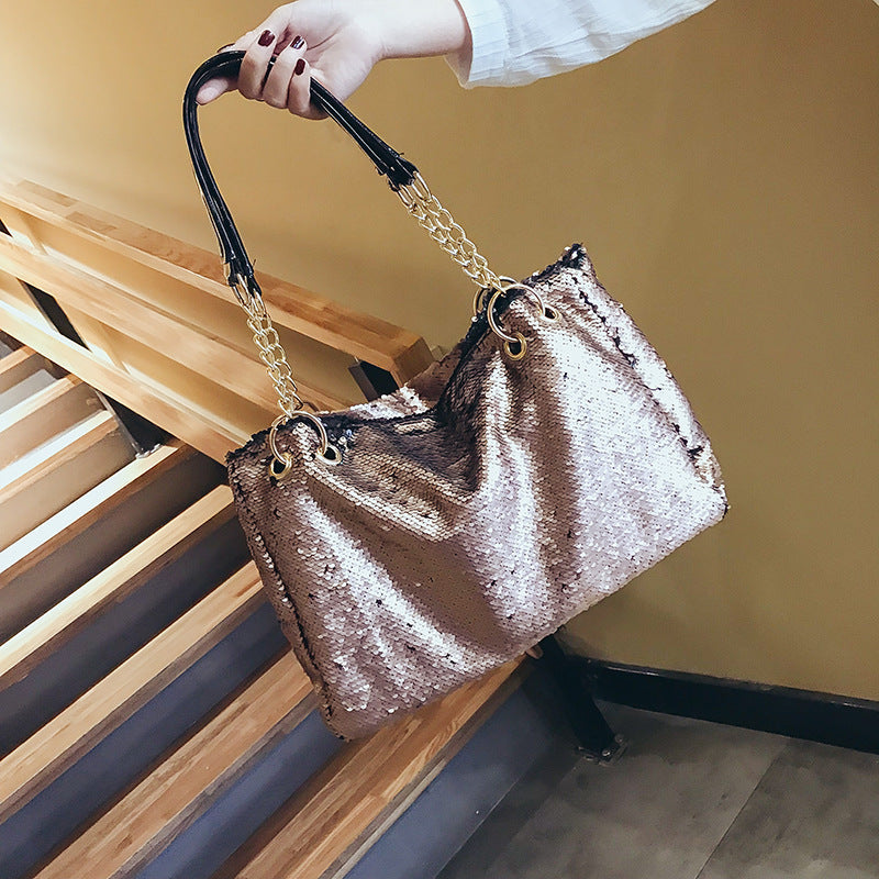 Women's Big Fashionable Portable Large Capacity Korean Style Color Change Sequins Shoulder Bags