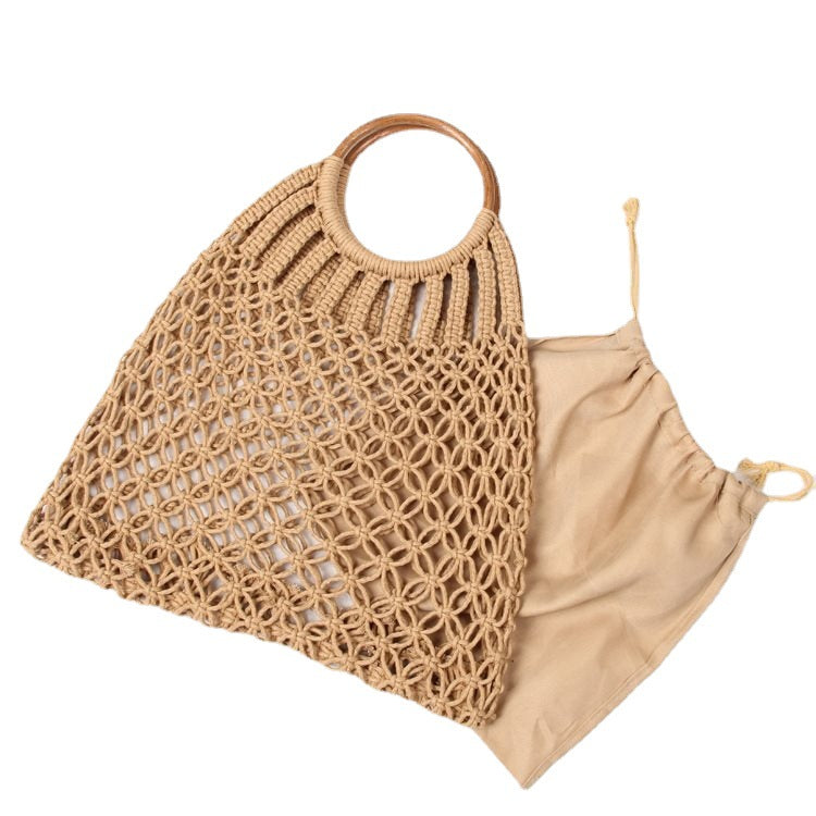 Hand-woven Mesh Cotton Thread Hollow Straw Summer Vacation Beach Women's Handbag