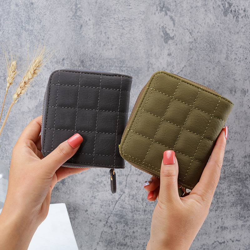 Women's Short Korean Multiple Slots Zipper Hasp Plaid Coin Purses