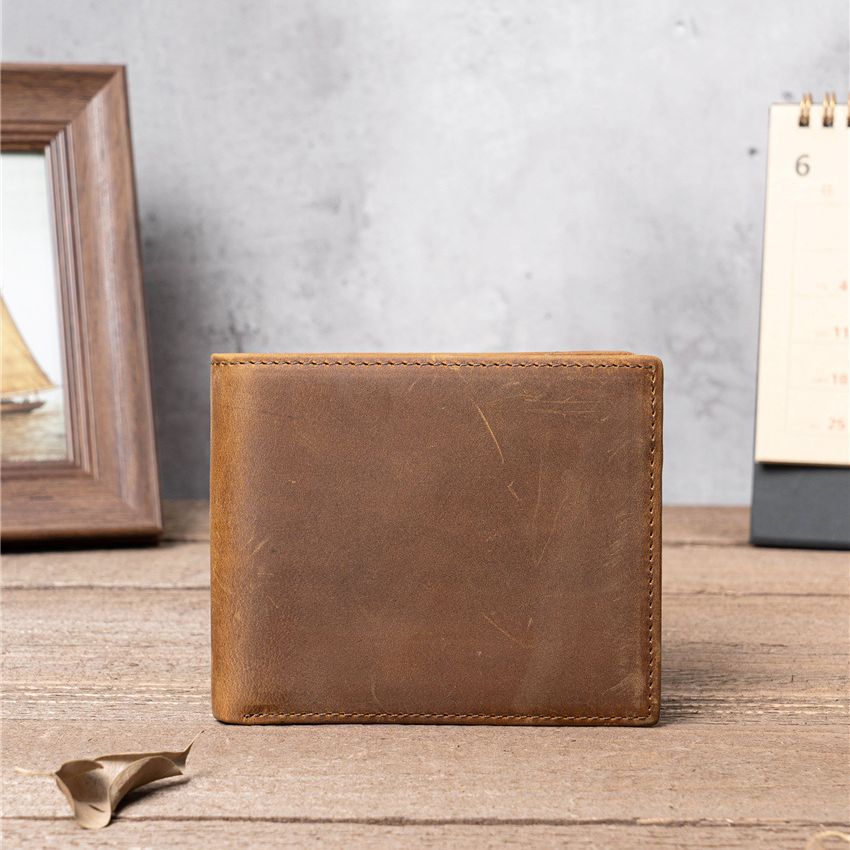 Men's Crazy Horse Leather Billfold Handmade Lettering Men's Wallets