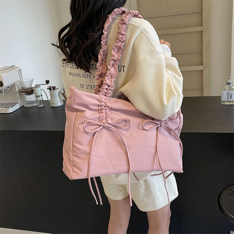 Women's Large Capacity Cloth Summer Bow Texture Pleated Strap Women's Shoulder Bag