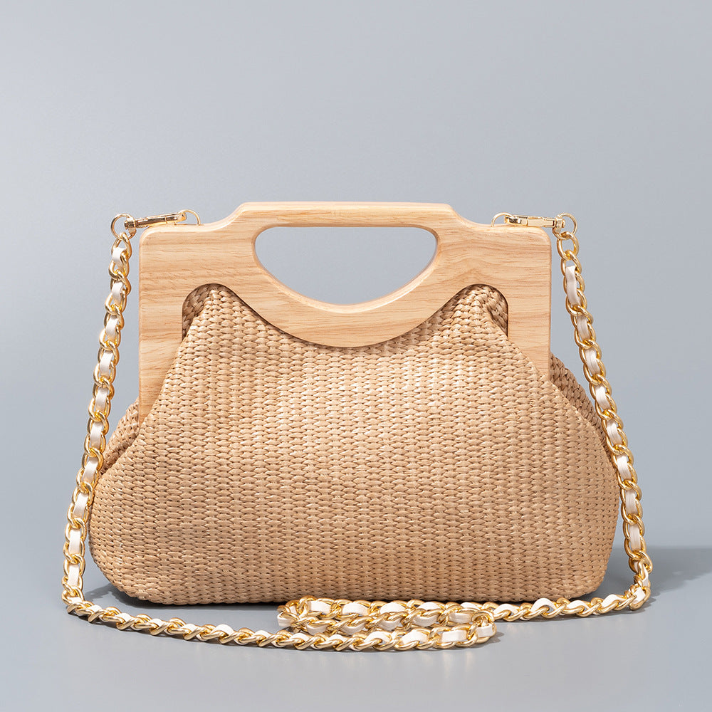 Women's Straw Woven Seaside Vacation Beach Wooden Handle