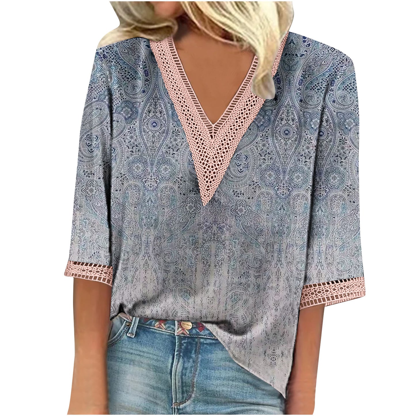Women's Summer Printed Lace Stitching Sleeve T-shirt Blouses