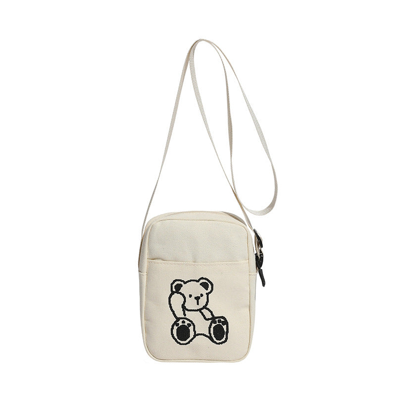 Women's Cute Bear Embroidery Canvas Versatile Women's Shoulder Bag