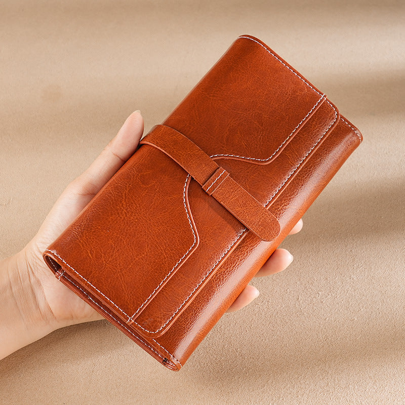 Women's Oil Wax Leather Long Multiple Slots Cowhide Ladies Wallet