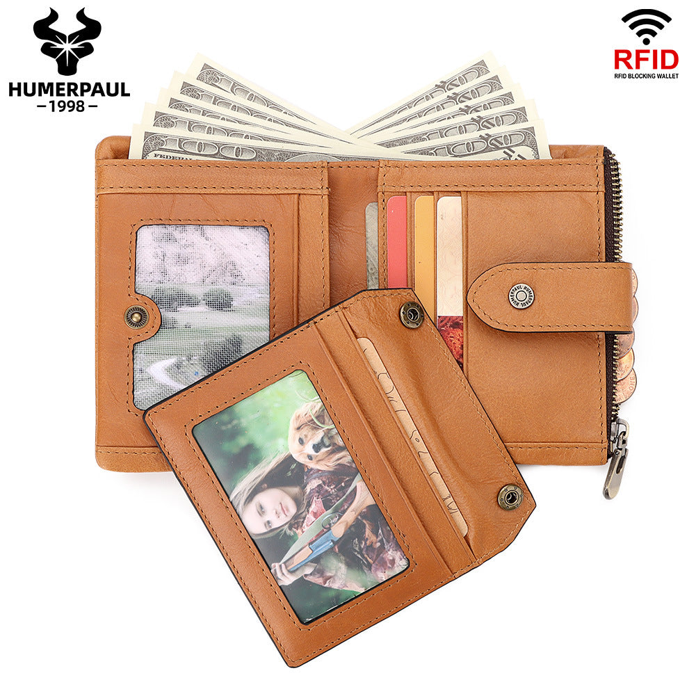 First Layer Cowhide Zipper Multiple Slots Pocket Men's Wallets