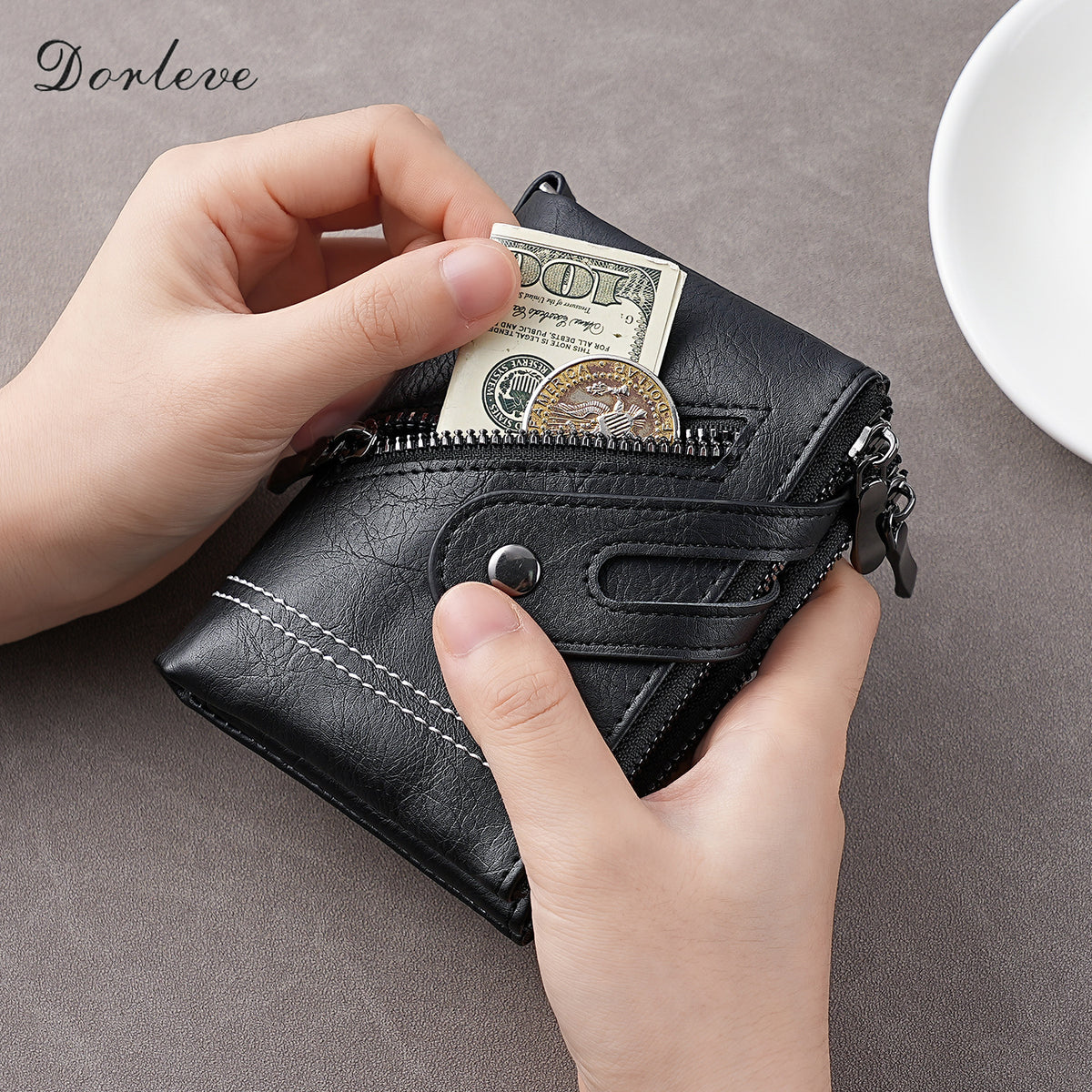 Men's Leather Short Zipper Hasp Billfold Men's Wallet