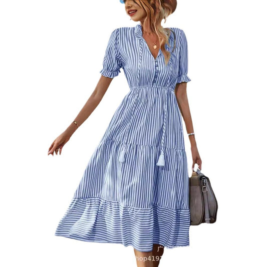 Women's Fashion Summer Striped Sleeve Elastic Waist Dresses