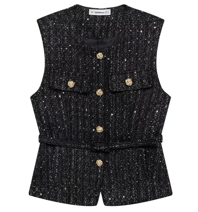 Women's With Belt Sequin Decorative Texture Tops