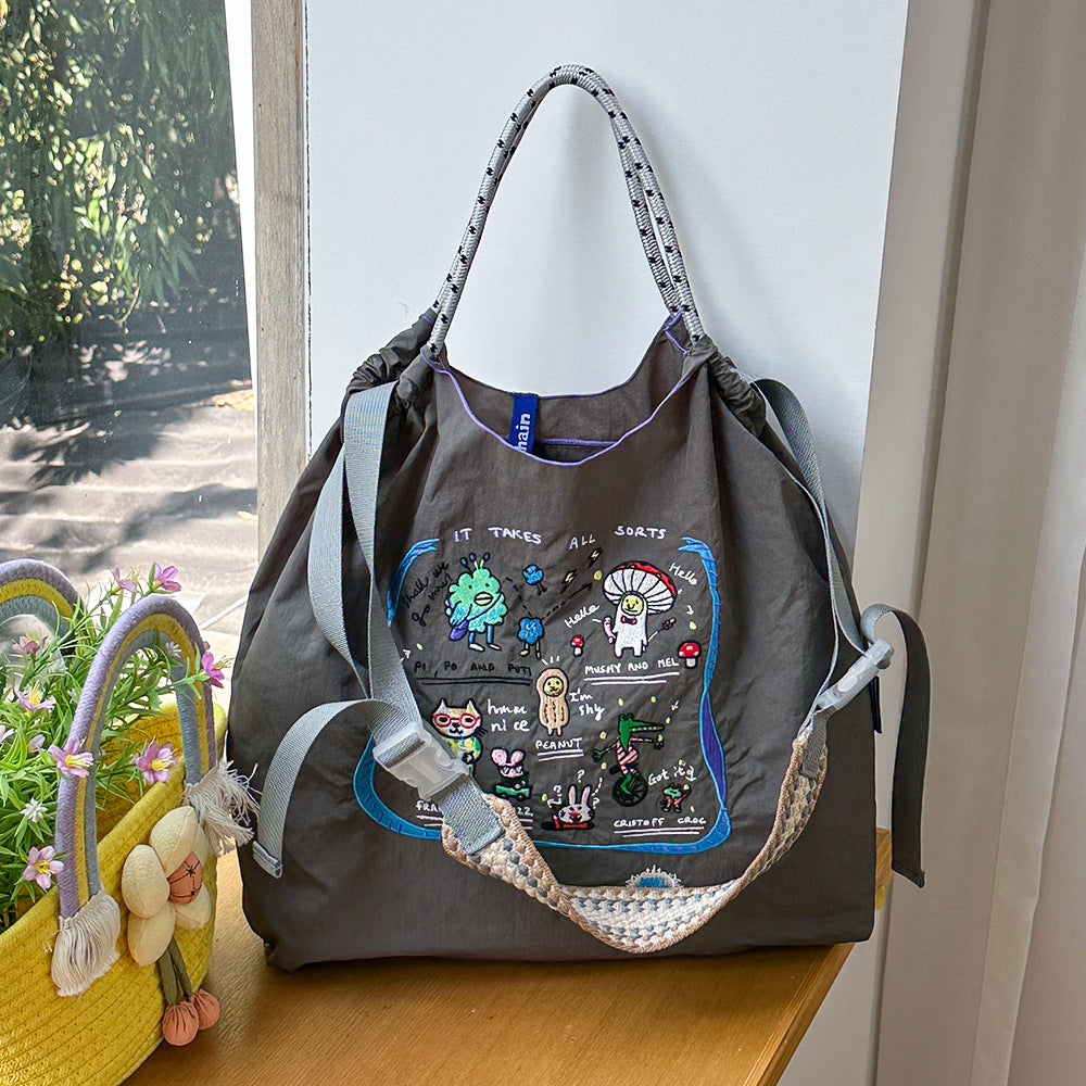 Nylon Needle Embroidered Fashion Commuter Large Capacity College Women's Shoulder Bag