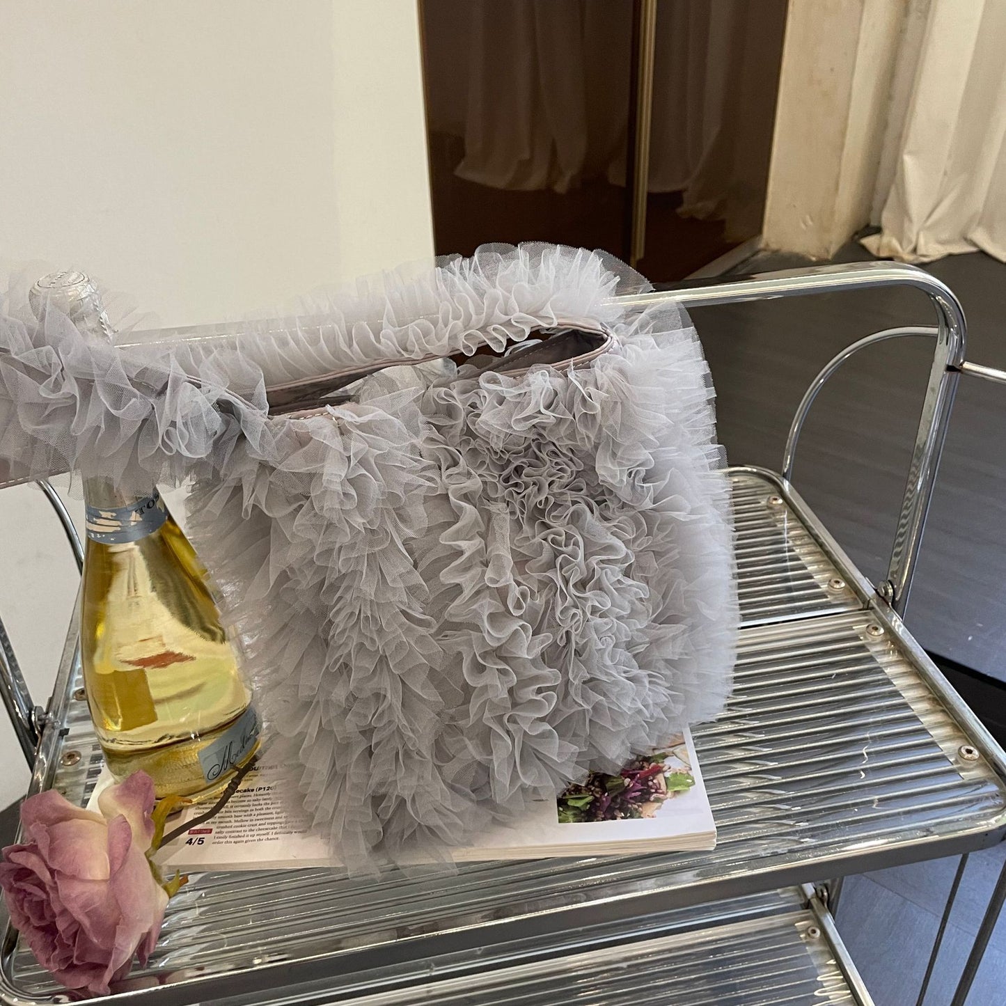 Women's French Style Cake Lace Pleated Layer Yarn Solid Color Crossbody Bags