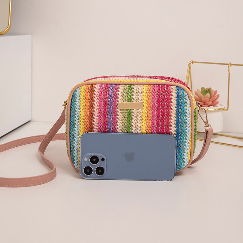 Attractive Colorful Straw Woven Versatile Rainbow Bags
