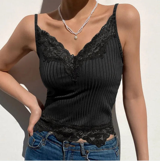 Women's Lace Stitching Sunken Stripe Summer Deep V Strap Tops