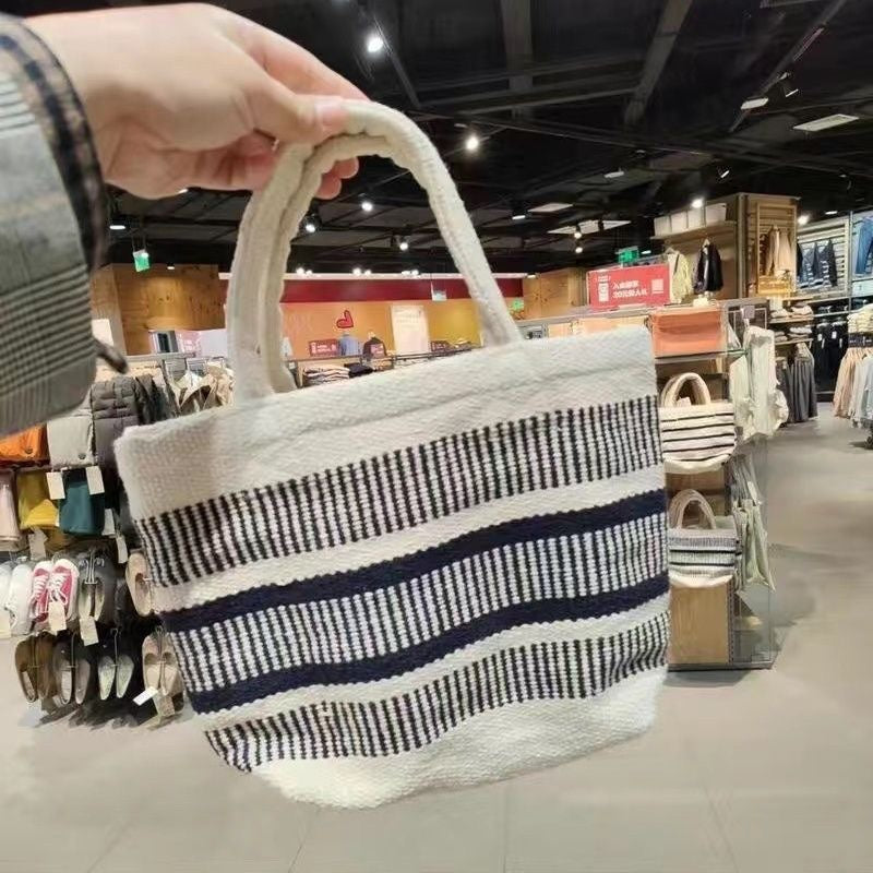 Navy Blue Striped Hand-woven Lunch Cotton Women's Handbag