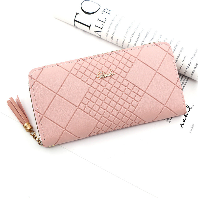 Women's Long Portable Mobile Simple Embossed Tassel Bags