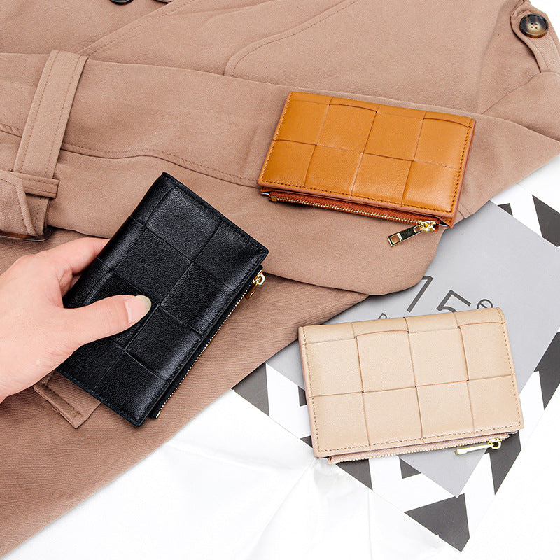 Women's Medium Style Fashion Sheepskin Handmade Large Woven Multiple Slots Ladies Wallet