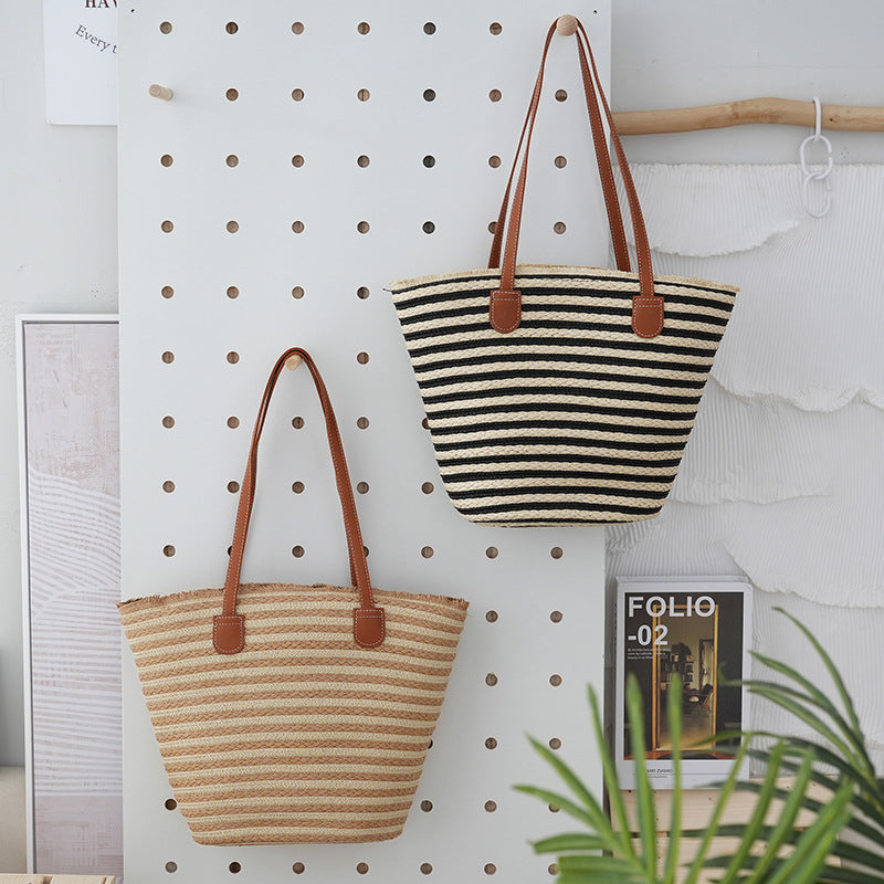 Versatile Large Capacity Seaside Pastoral Style Classic Striped Women's Handbag