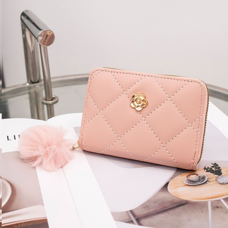 Women's Fashion Rhombus Short Fur Ball Rose Ladies Wallet
