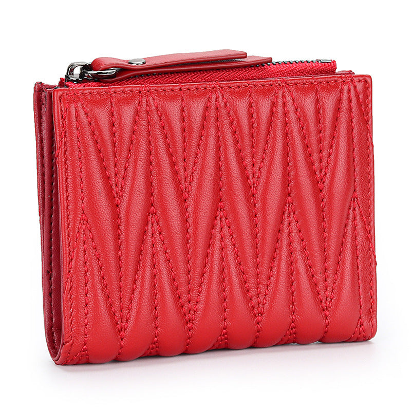 Women's Sheepskin Pleated Vertical Fashion Embroidery Short Ladies Wallets