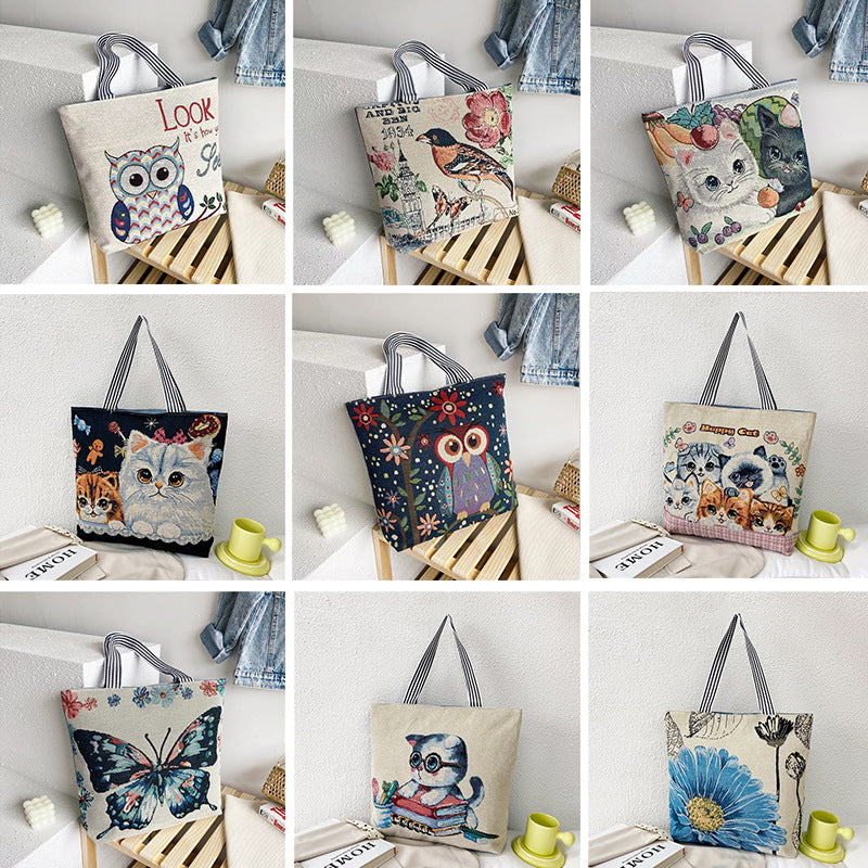 Women's Retro Fashion Illustration Embroidered Large Capacity Tote Bags