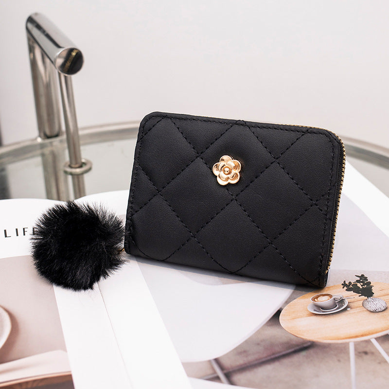 Women's Fashion Rhombus Short Fur Ball Rose Ladies Wallet