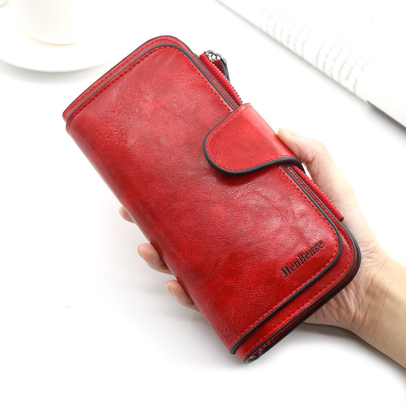 Women's Retro Oil Wax Skin Long Clutch Purses