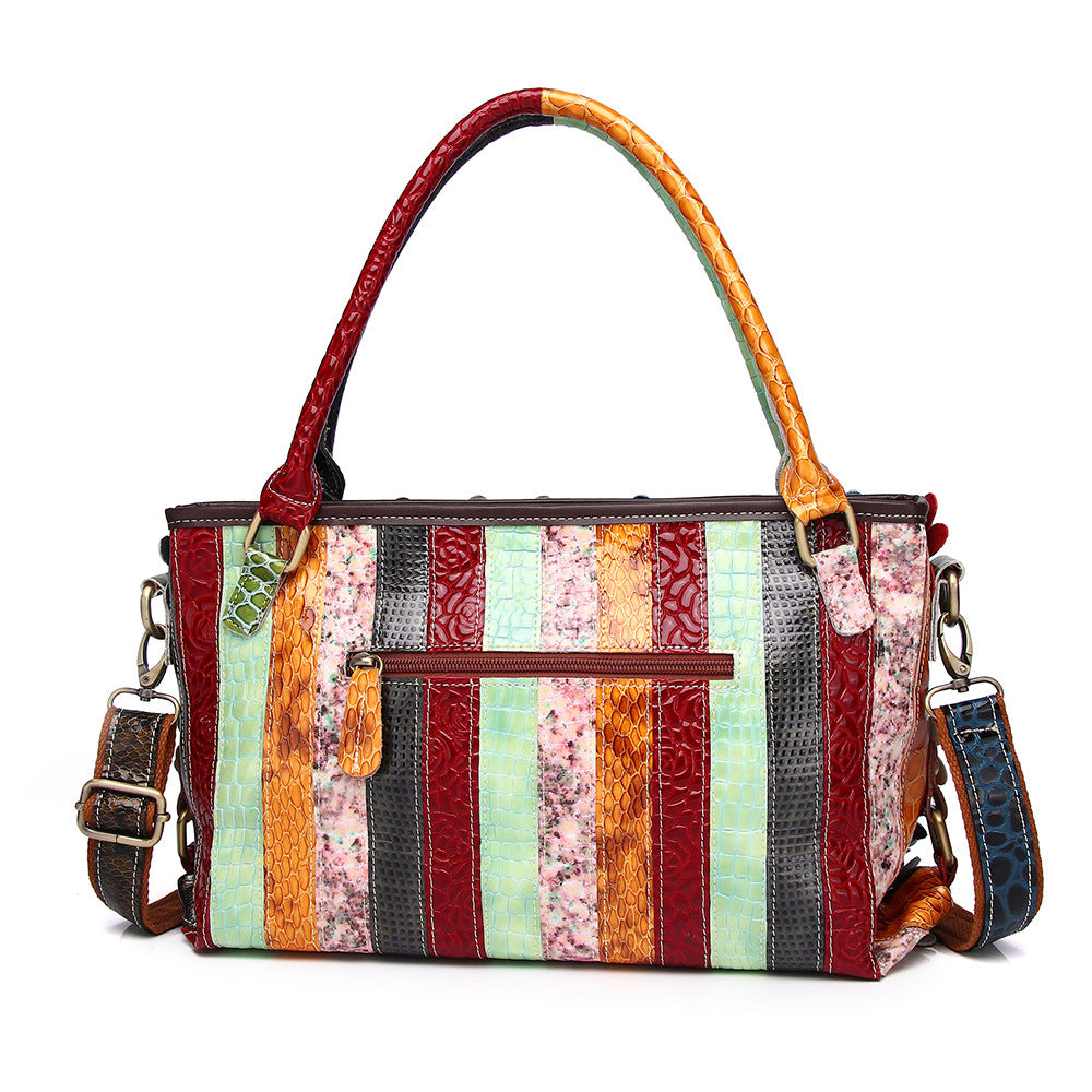 Women's Genuine Leather Trendy Snake Pattern Flower Contrasting Color Fashion Handbags