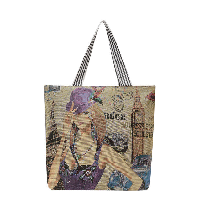 Women's Retro Fashion Illustration Embroidered Large Capacity Tote Bags