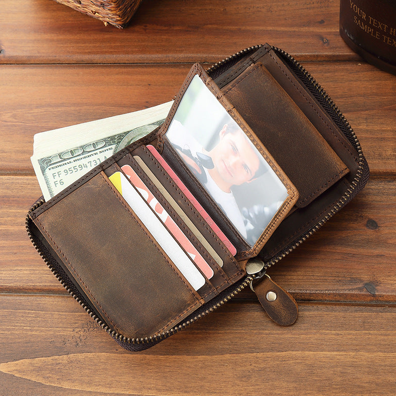 Men's Horse Leather Zipper Vertical Sier Generation Multiple Slots Men's Wallets