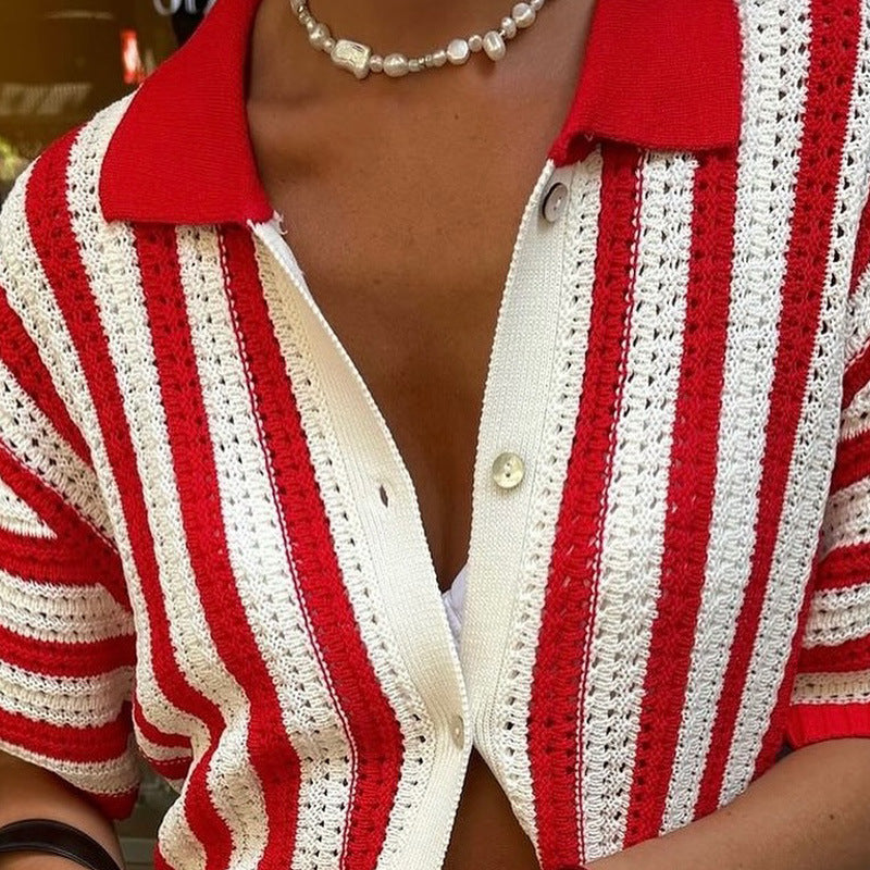 Women's Knitted Contrast Color Design Lapel Shirt Knitwear