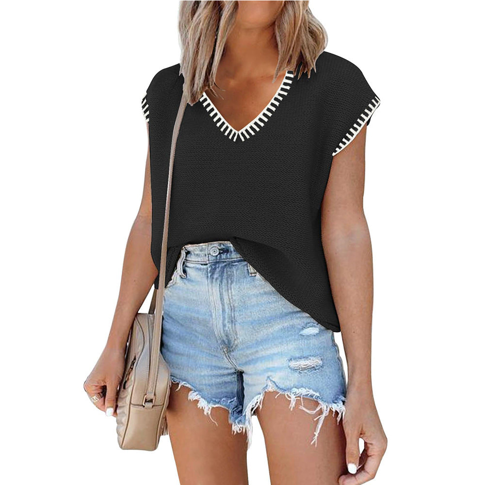 Women's Summer Pullover Collar Sleeve Striped Knitted Sweaters