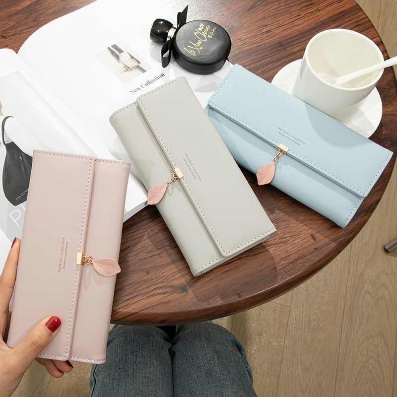 Long Korean Style Leaf Pendant Trifold Ladies Wallet