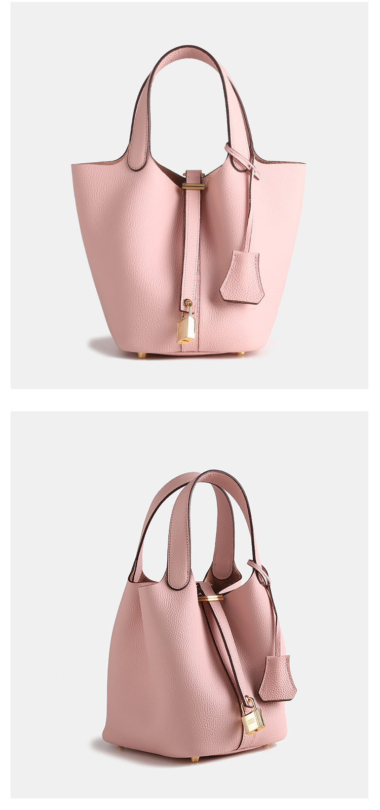 Layer Cowhide Lychee Pattern Solid Color Bucket Bags