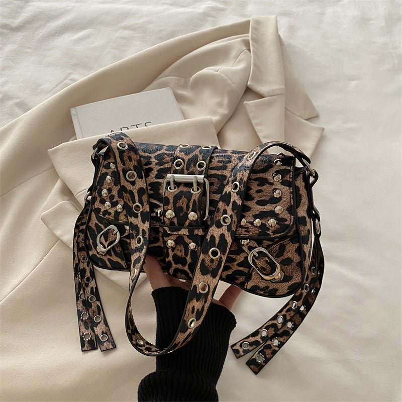 Women's Rivet Leopard Print Personality Design Motorcycle Underarm Women's Shoulder Bag