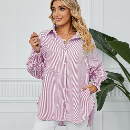 Women's Trade Cuff Pleating Loose Striped Shirt Blouses