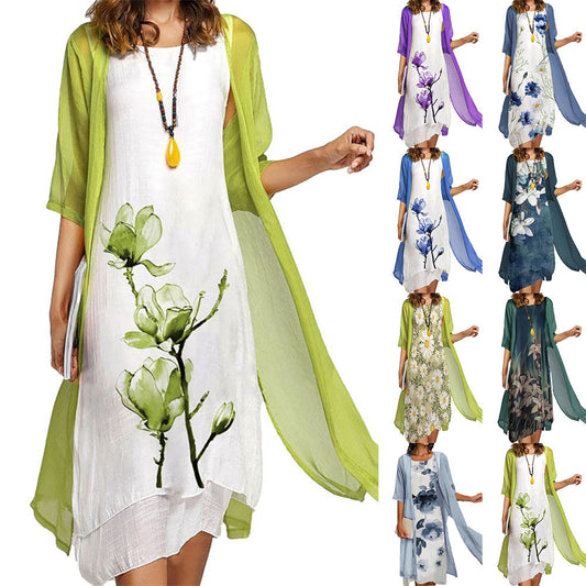 Women's Print Round Neck Slim Fit Casual Dresses