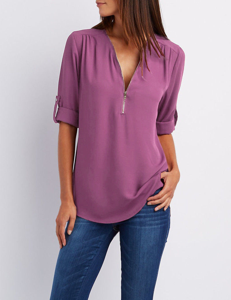 Women's Hosting Label Zipper Rollable Sleeves Chiffon Blouses