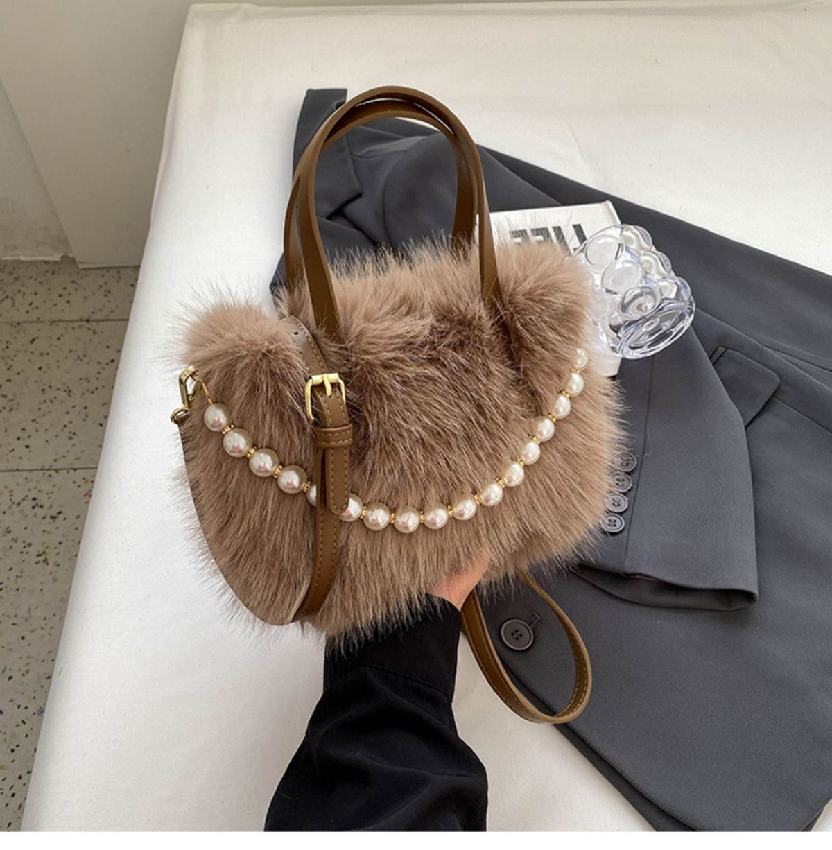 Women's Furry Fashion Pearl Plush High Texture Small Square Bags