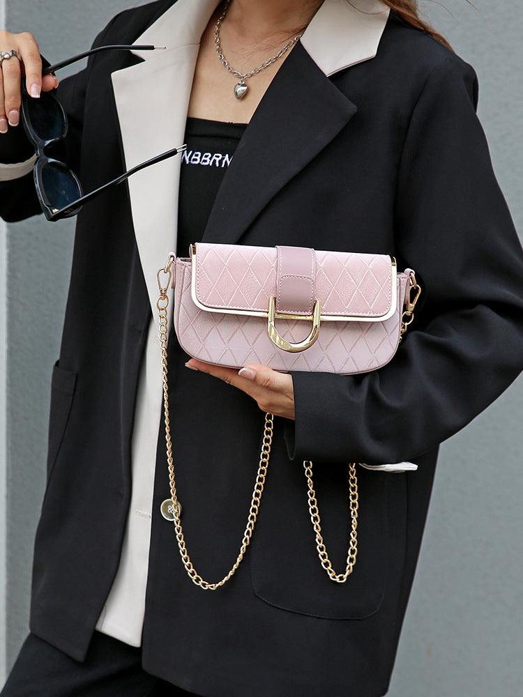 Women's Popular Pink Rhombus Chain Baguette Underarm Simple Crossbody Bags