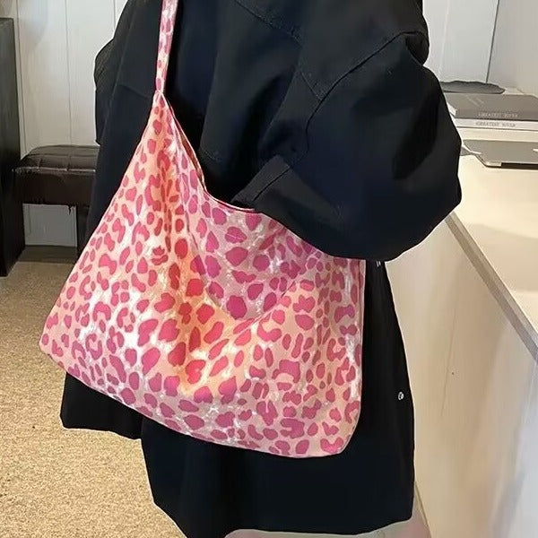 Raspberry Pink Leopard Print Canvas Cloth Women's Shoulder Bag