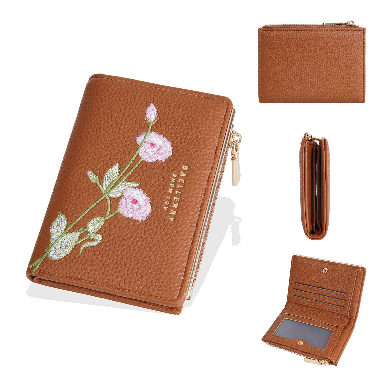 Women's Short Three-dimensional Embroidered Flower Zipper Three-fold High Coin Purses