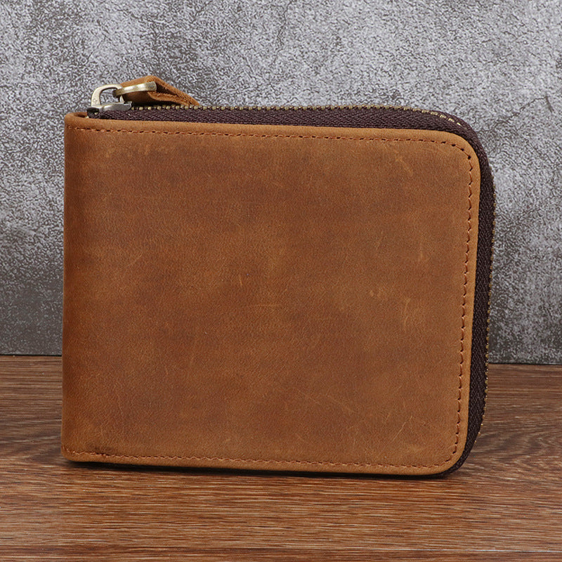 Men's Horse Leather Zipper Vertical Full First Layer Cowhide Retro Men's Wallets